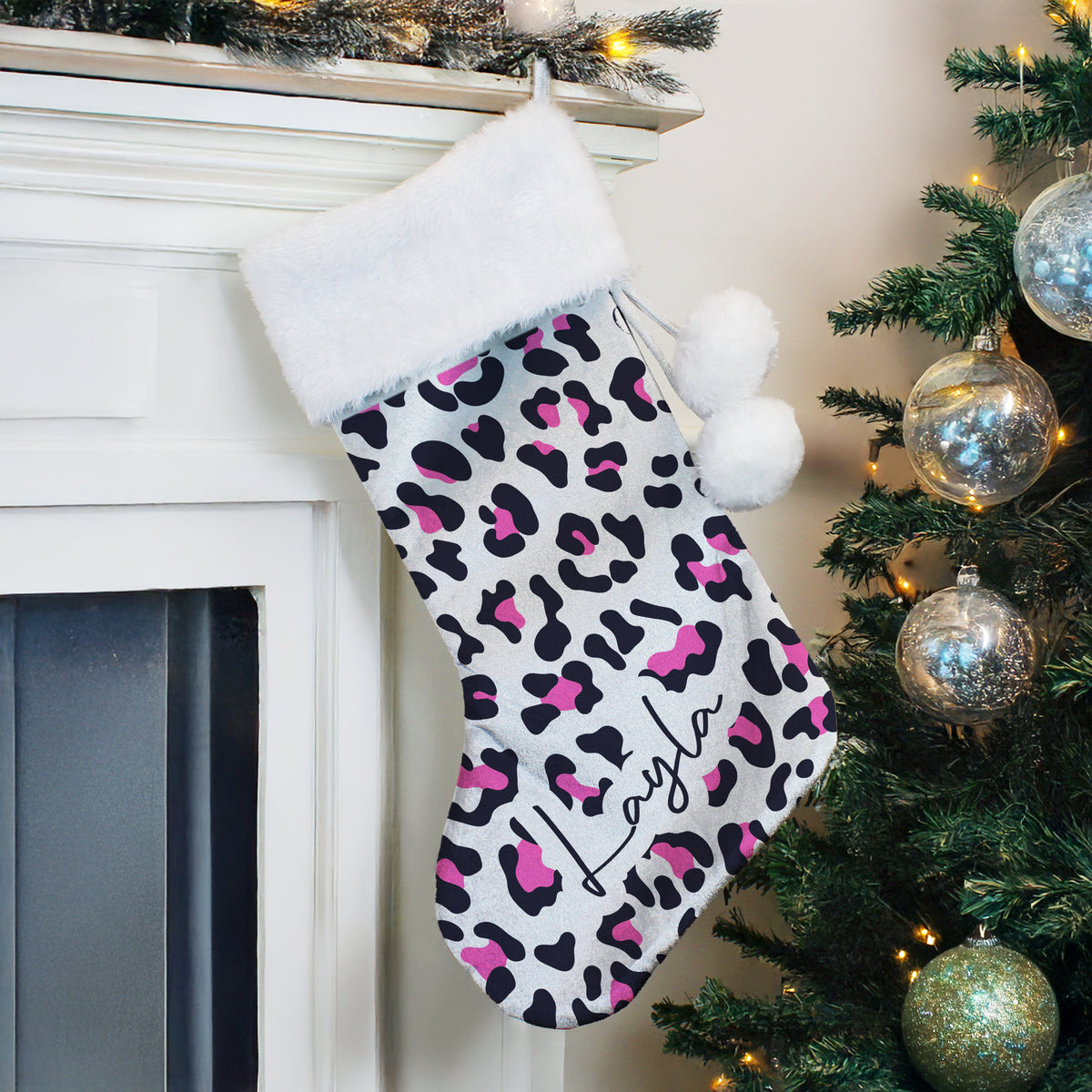 Personalised Leopard Print Christmas Stocking with personalised text, view 4