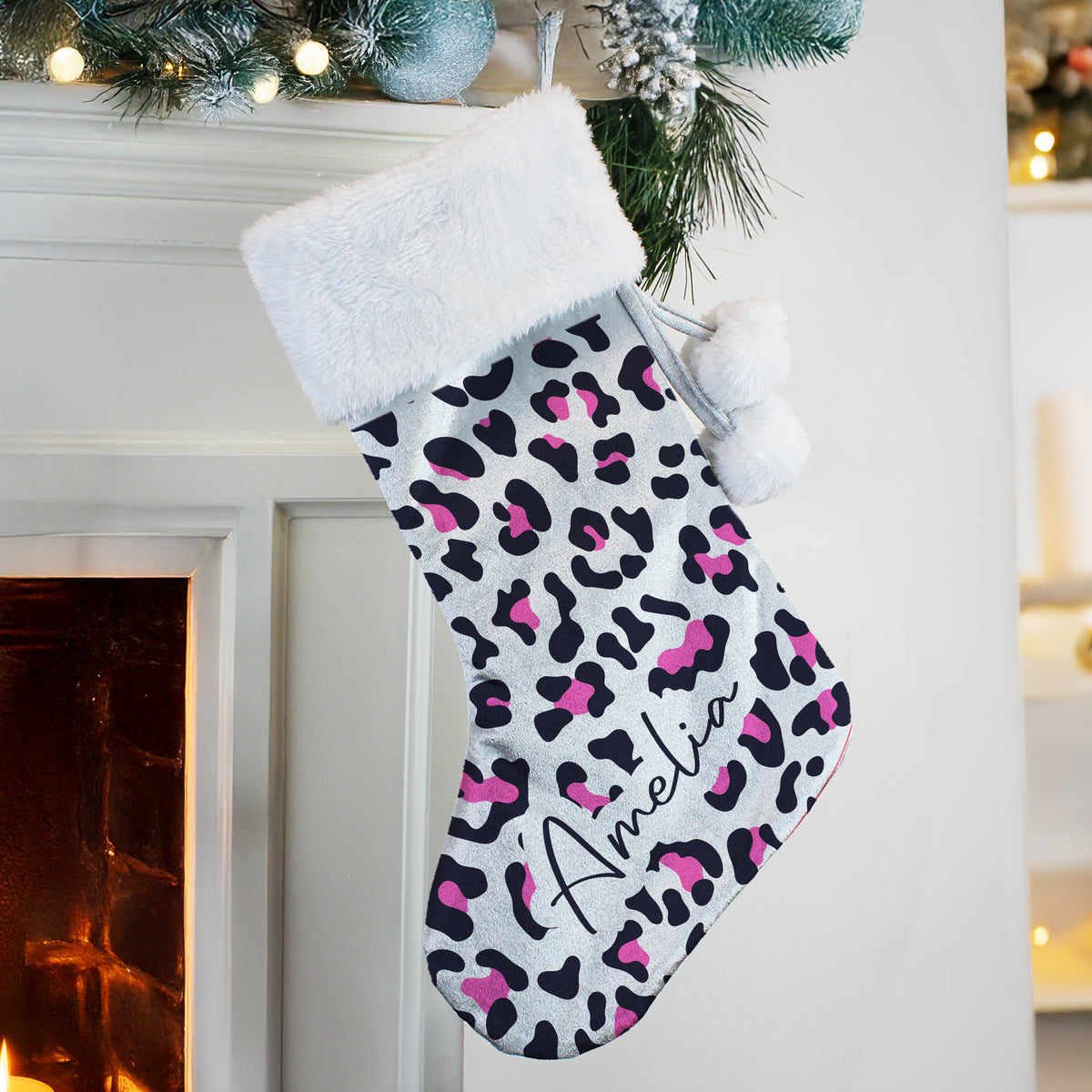 Personalised Leopard Print Christmas Stocking with personalised text, view 2