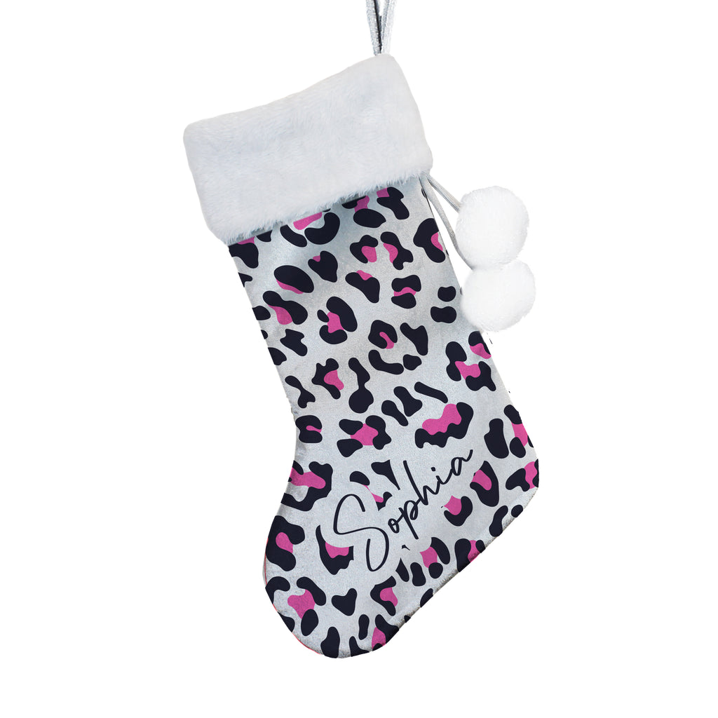 Personalised Leopard Print Christmas Stocking with personalised text, view 3