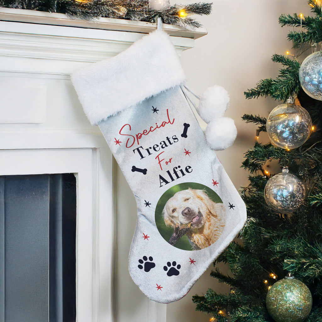 Personalised Dog Photo Christmas Stocking with personalised text, view 4