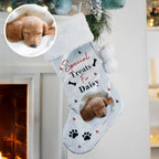 Personalised Dog Photo Christmas Stocking hanging by the fireplace