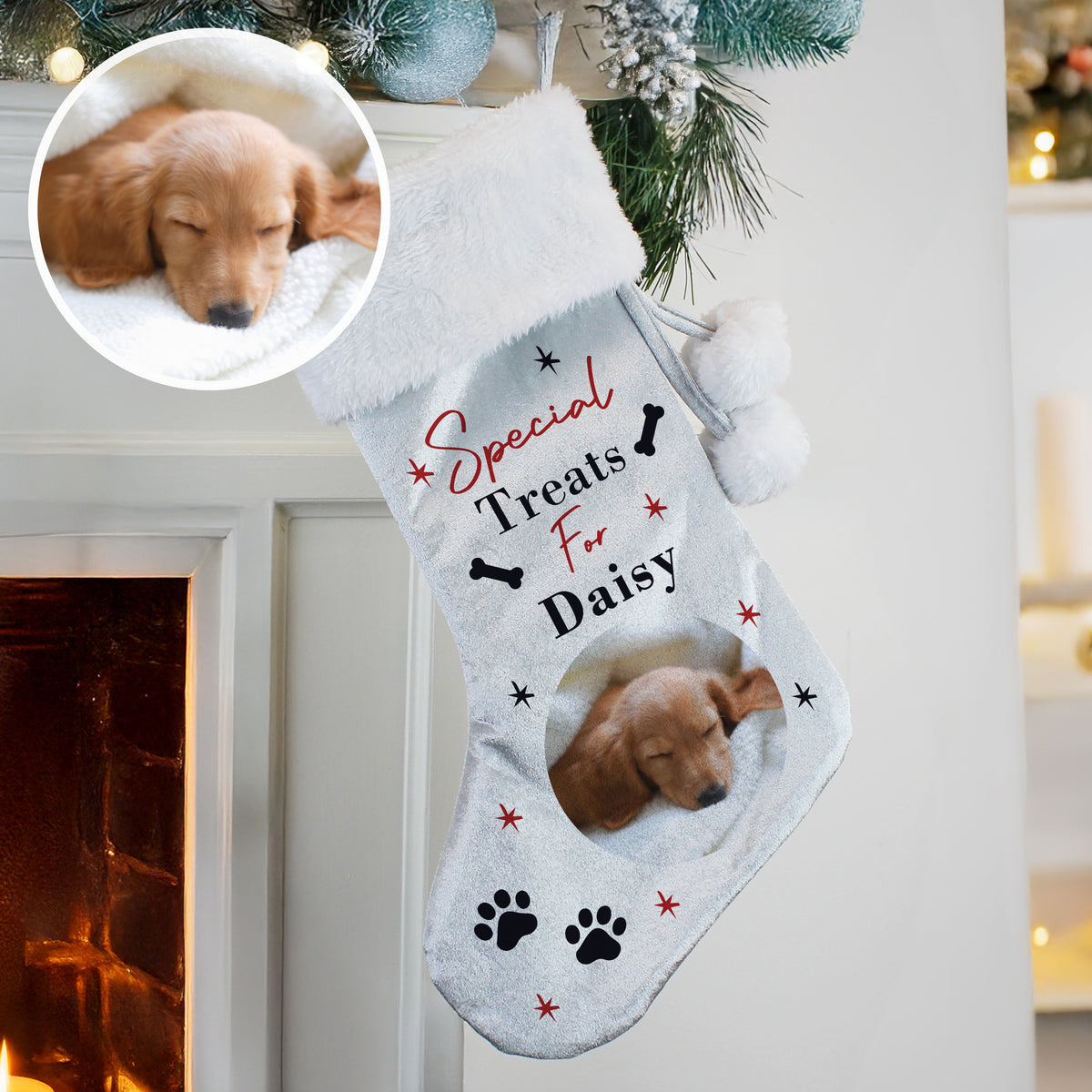 Personalised Dog Photo Christmas Stocking hanging by the fireplace