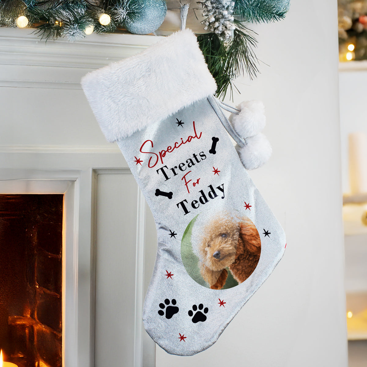 Personalised Dog Photo Christmas Stocking with personalised text, view 2