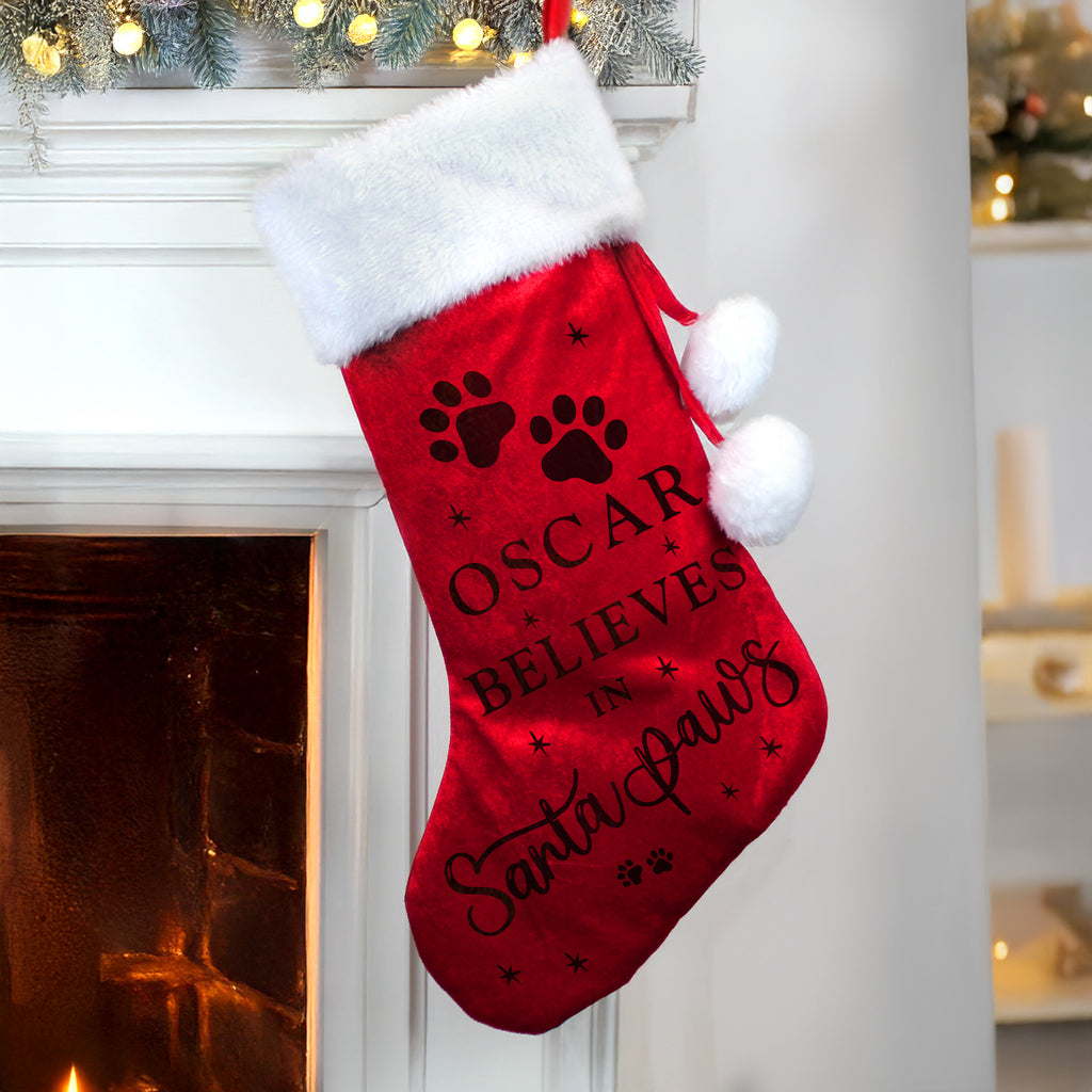 Personalised Santa Paws Pet Christmas Stocking with personalised text, view 2