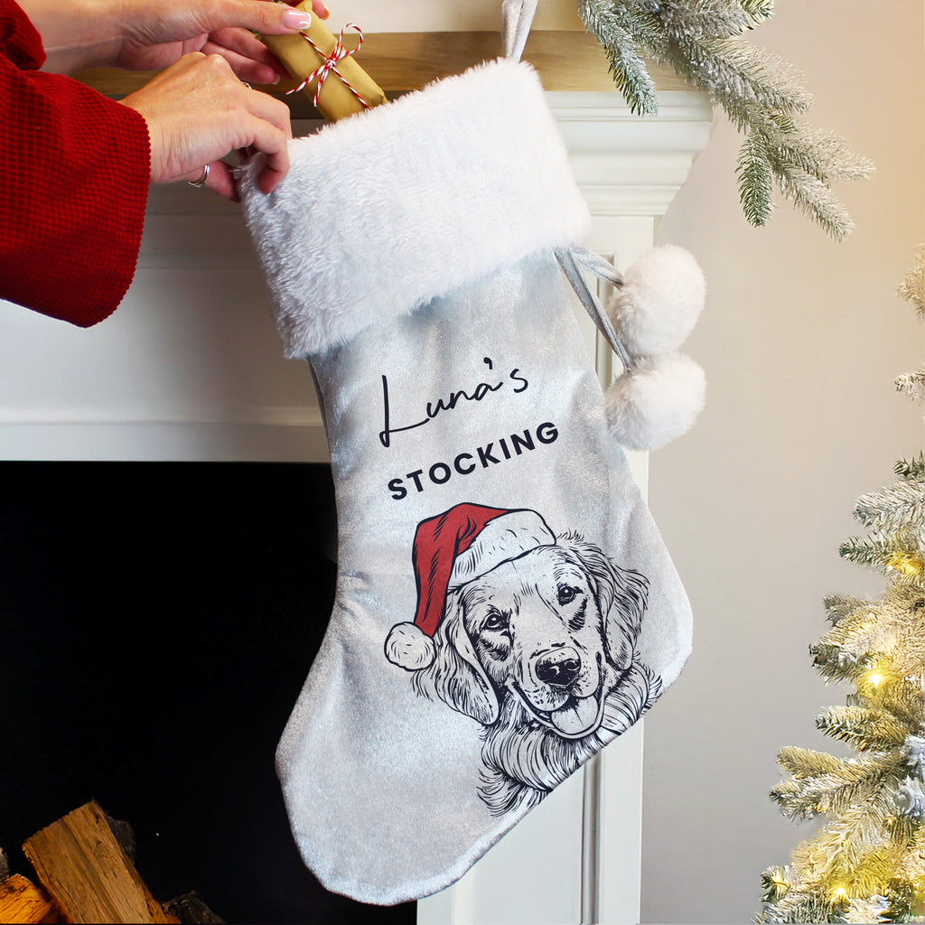 Personalised Dog Breed Christmas Stocking hanging by the fireplace