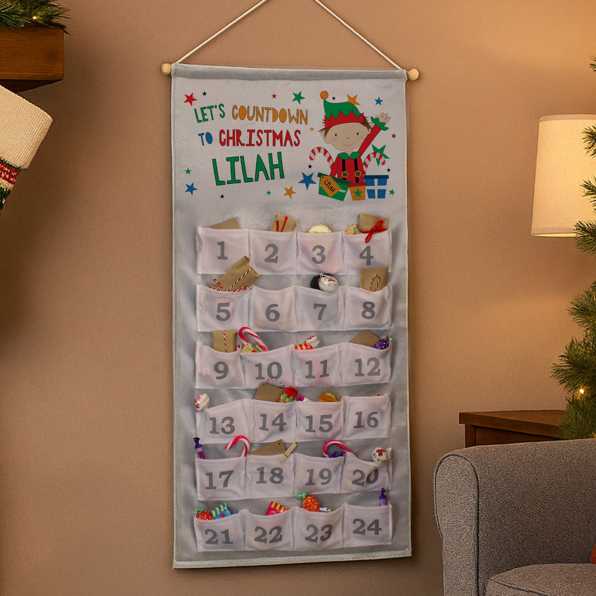 Personalised Christmas Elf Advent Calendar with personalised text, view 2