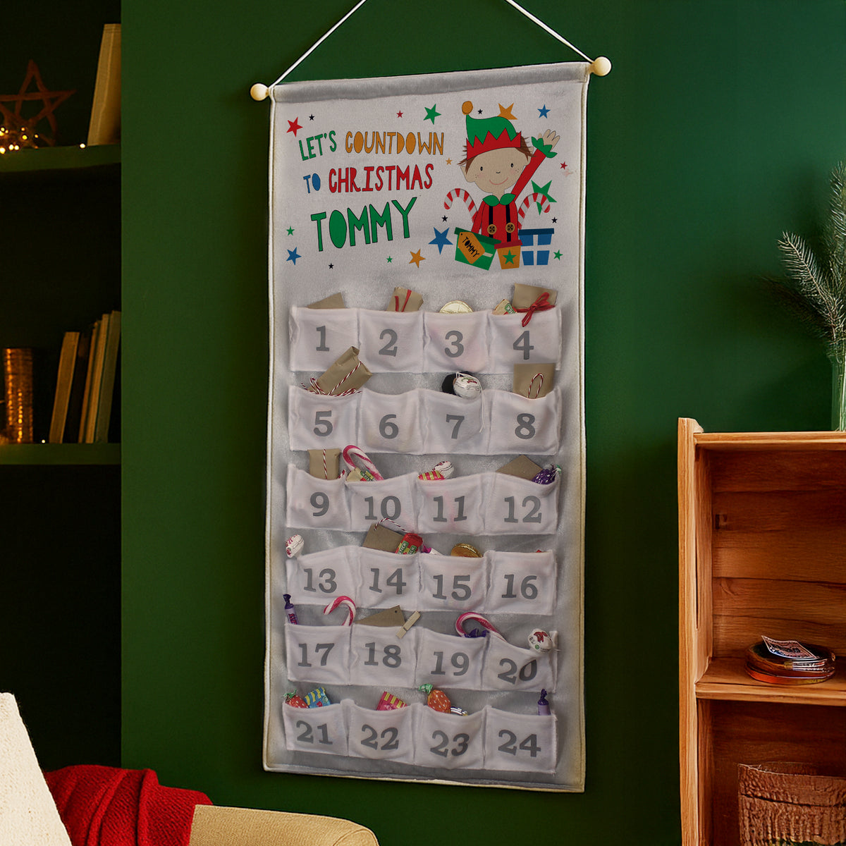 Personalised Christmas Elf Advent Calendar with personalised text, view 3