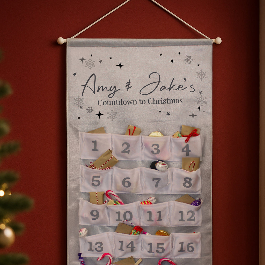Personalised Family Advent Calendar hanging on the wall at Christmas