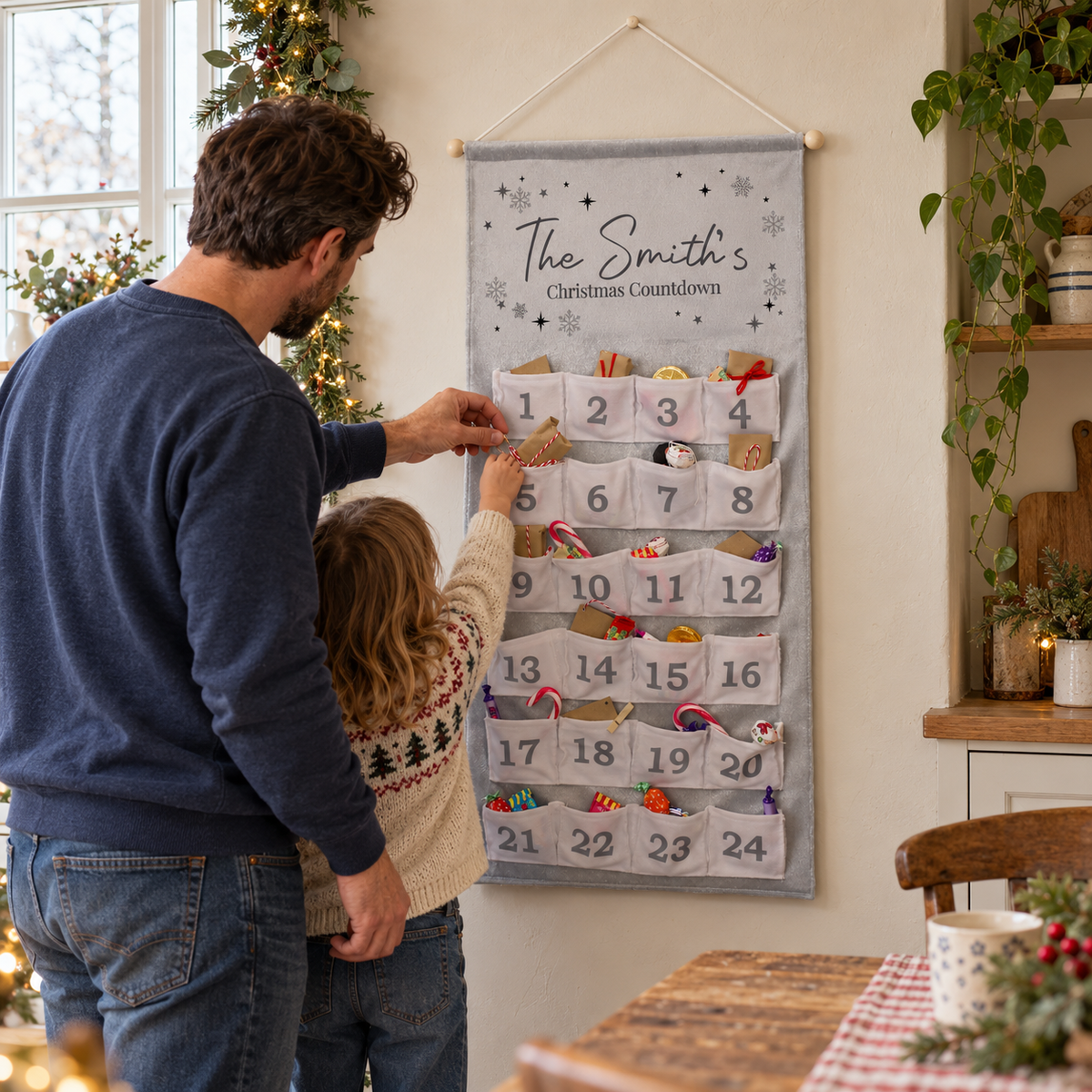 Parent and child opening the Personalised Family Advent Calendar in the kitchen
