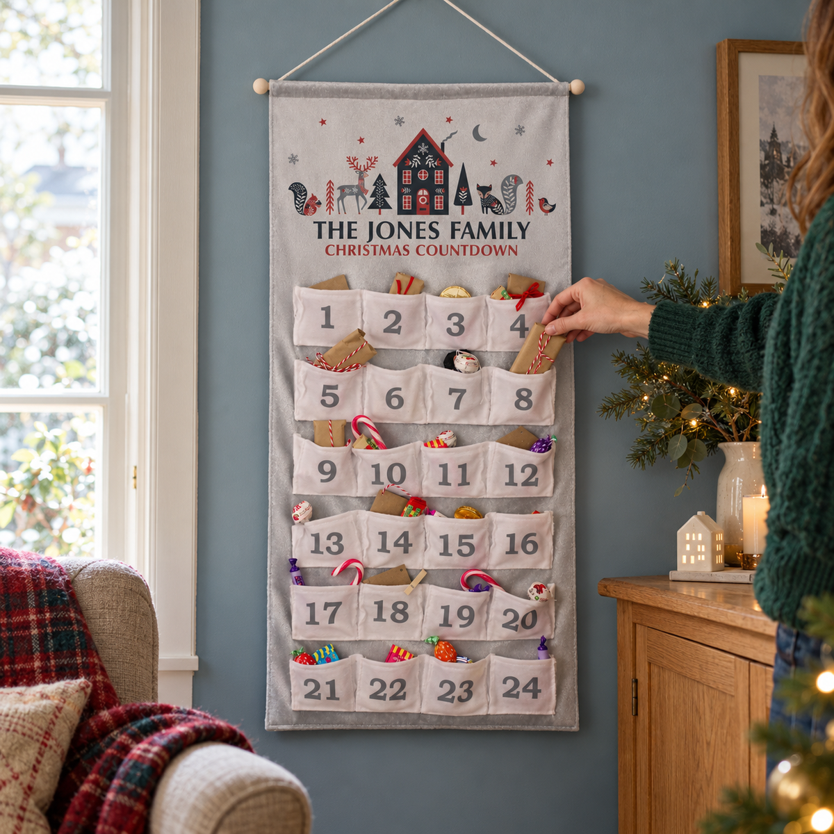Personalised Christmas Home Advent Calendar hanging in a cosy living room