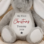 Personalised My First Christmas grey bunny soft toy by the Christmas tree