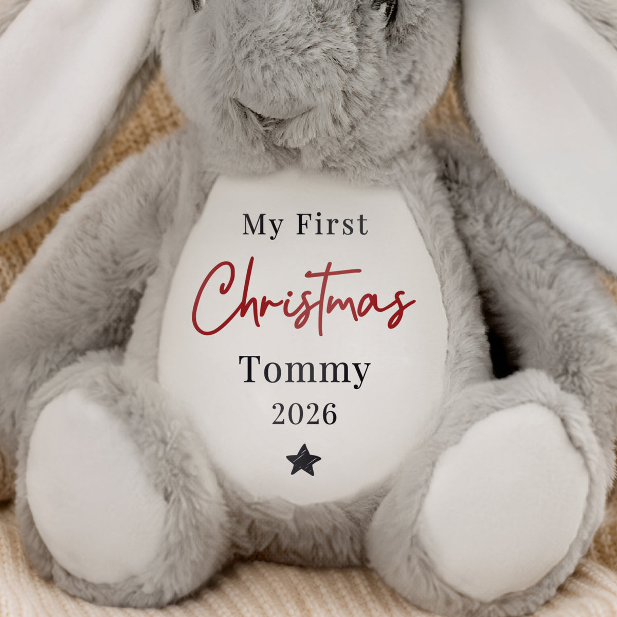Personalised My First Christmas grey bunny soft toy by the Christmas tree