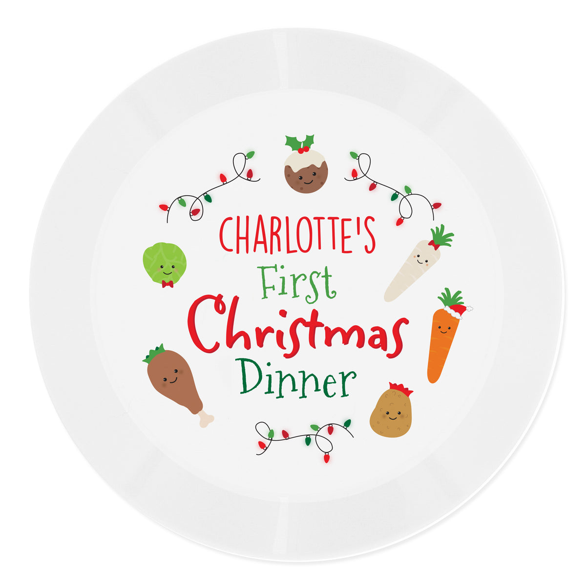Personalised First Christmas Dinner plate on a festive table