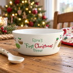 Personalised First Christmas Dinner bowl on a kitchen table by the Christmas tree