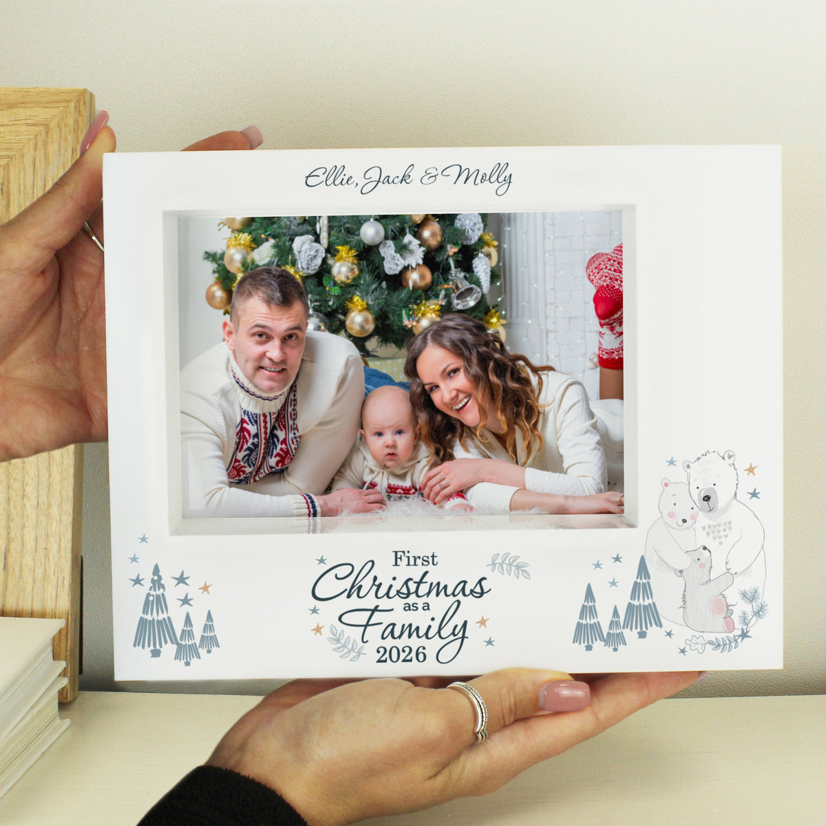 Personalised First Christmas as a Family polar bear box photo frame with a family photo