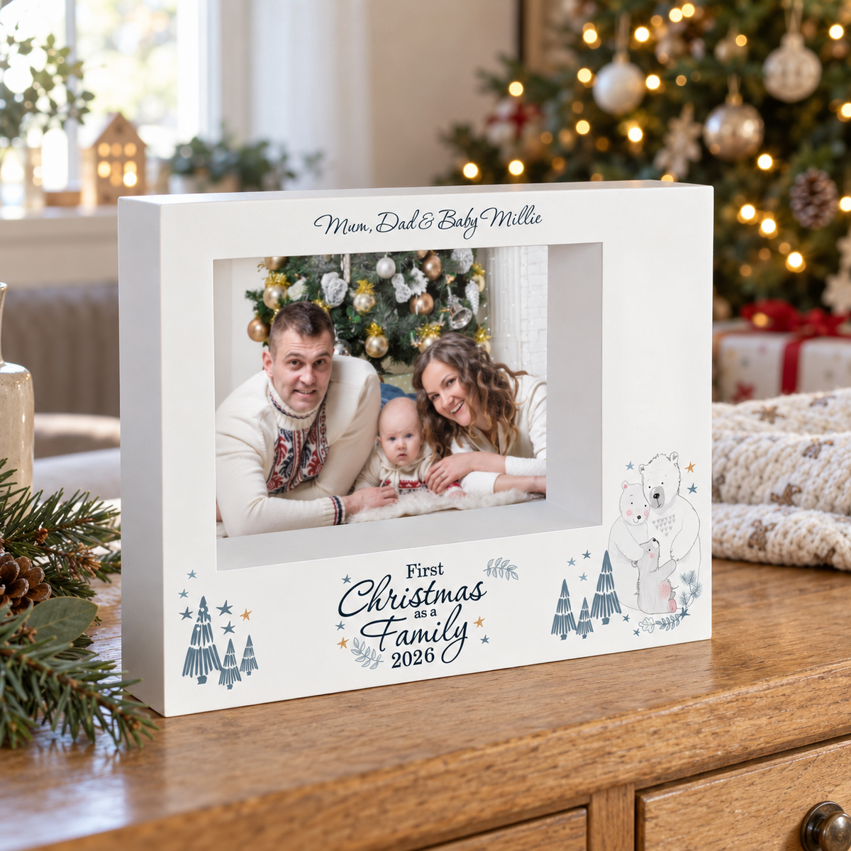 Personalised First Christmas as a Family polar bear box frame with a family photo by the tree