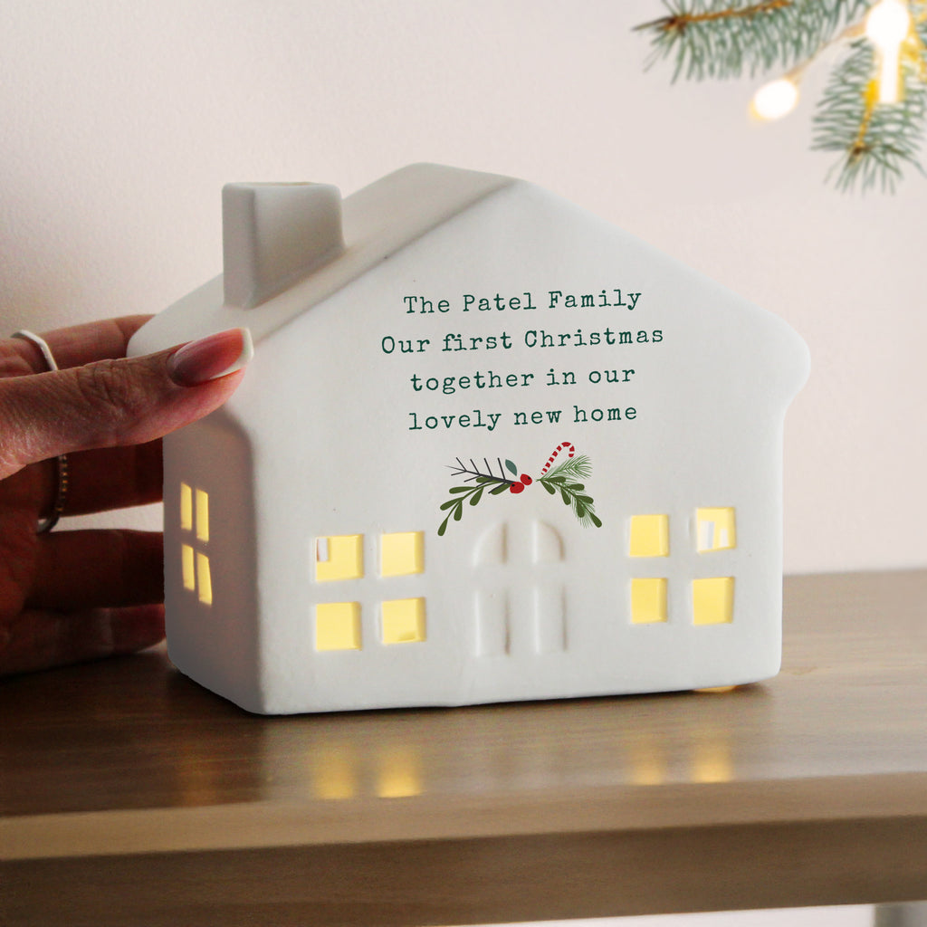 Personalised Christmas Ceramic LED House with personalised text, view 2