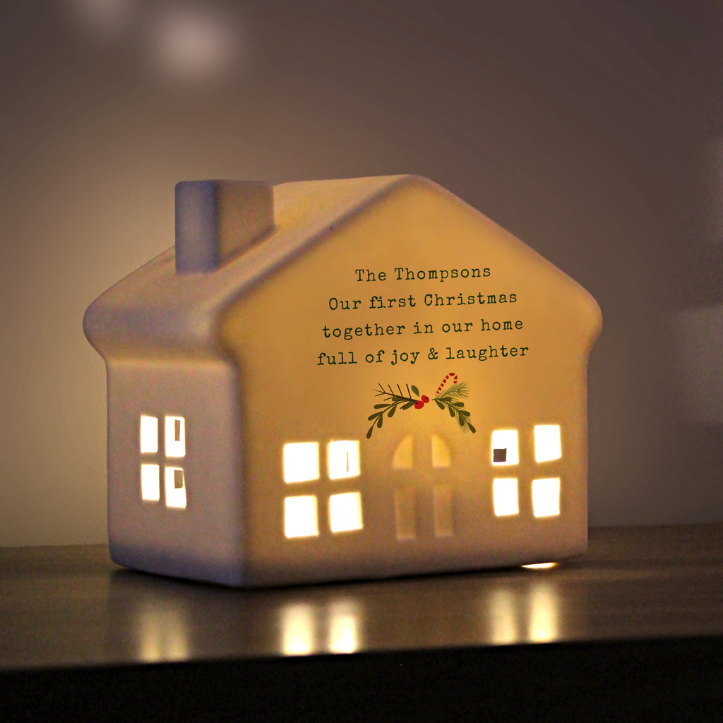 Personalised Christmas Ceramic LED House with personalised text, view 3