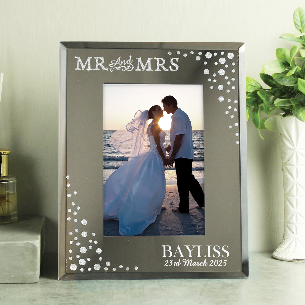 Personalised Mr & Mrs Diamante Glass Photo Frame with personalised text, view 5