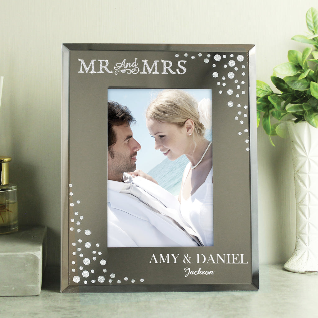 Personalised Mr & Mrs Diamante Glass Photo Frame with personalised text, view 2