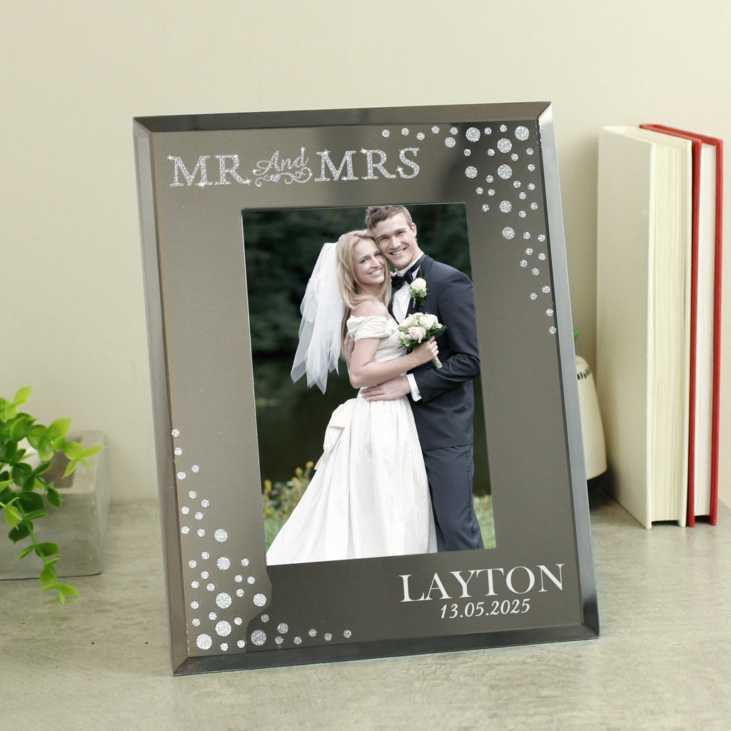 Personalised Mr & Mrs Diamante Glass Photo Frame with personalised text, view 3