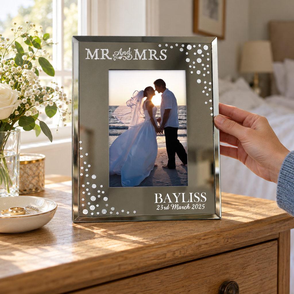 Personalised Mr & Mrs Diamante Glass Photo Frame with a wedding photo on a bedside table