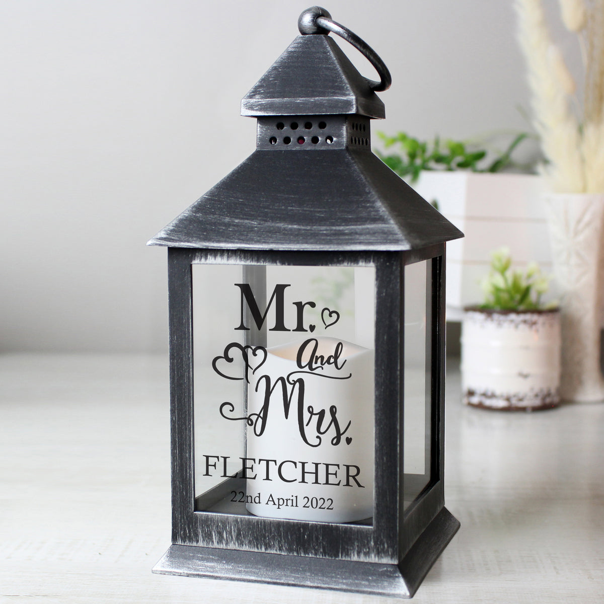 Personalised Mr & Mrs Rustic Black LED Lantern with personalised text, view 5