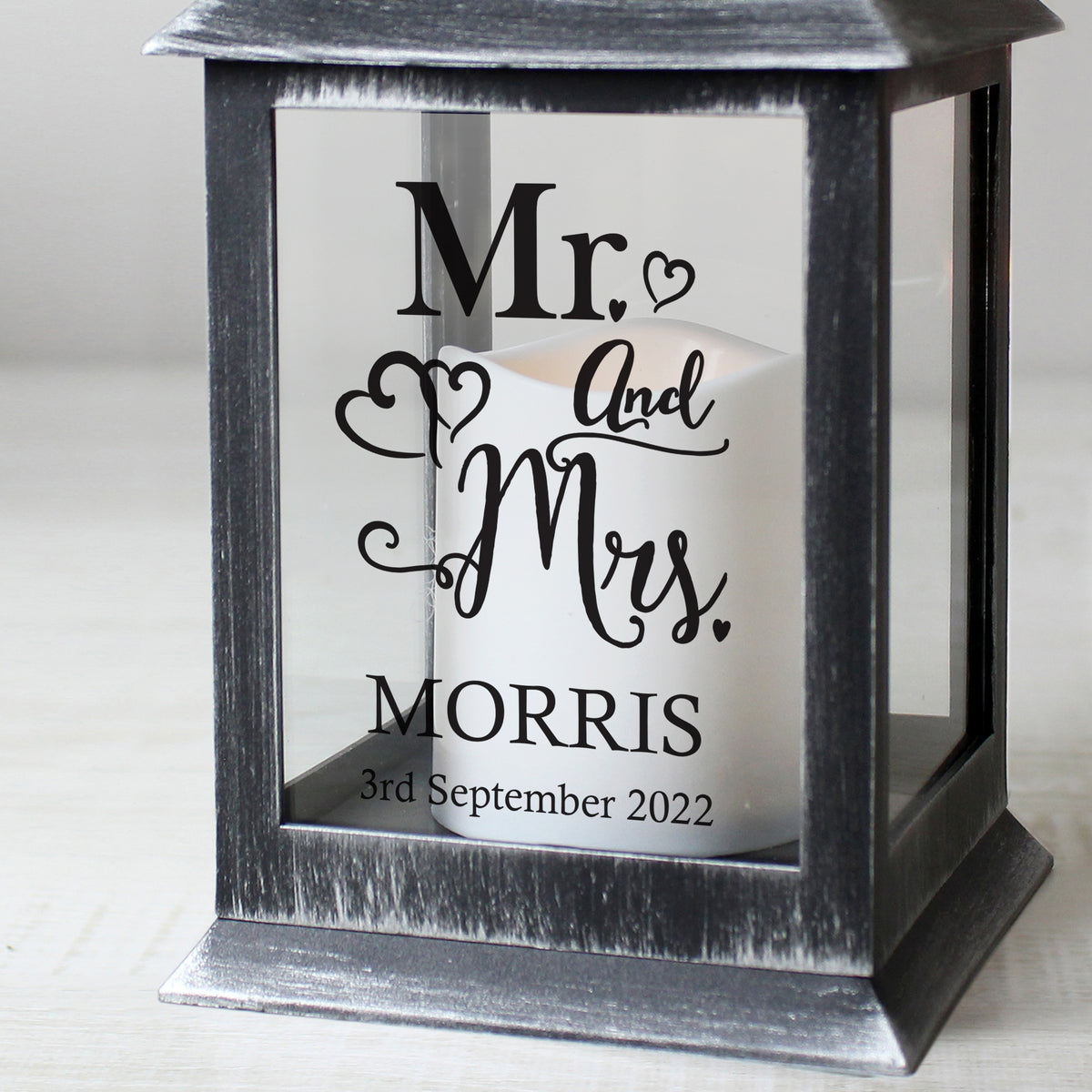Personalised Mr & Mrs Rustic Black LED Lantern with personalised text, view 2
