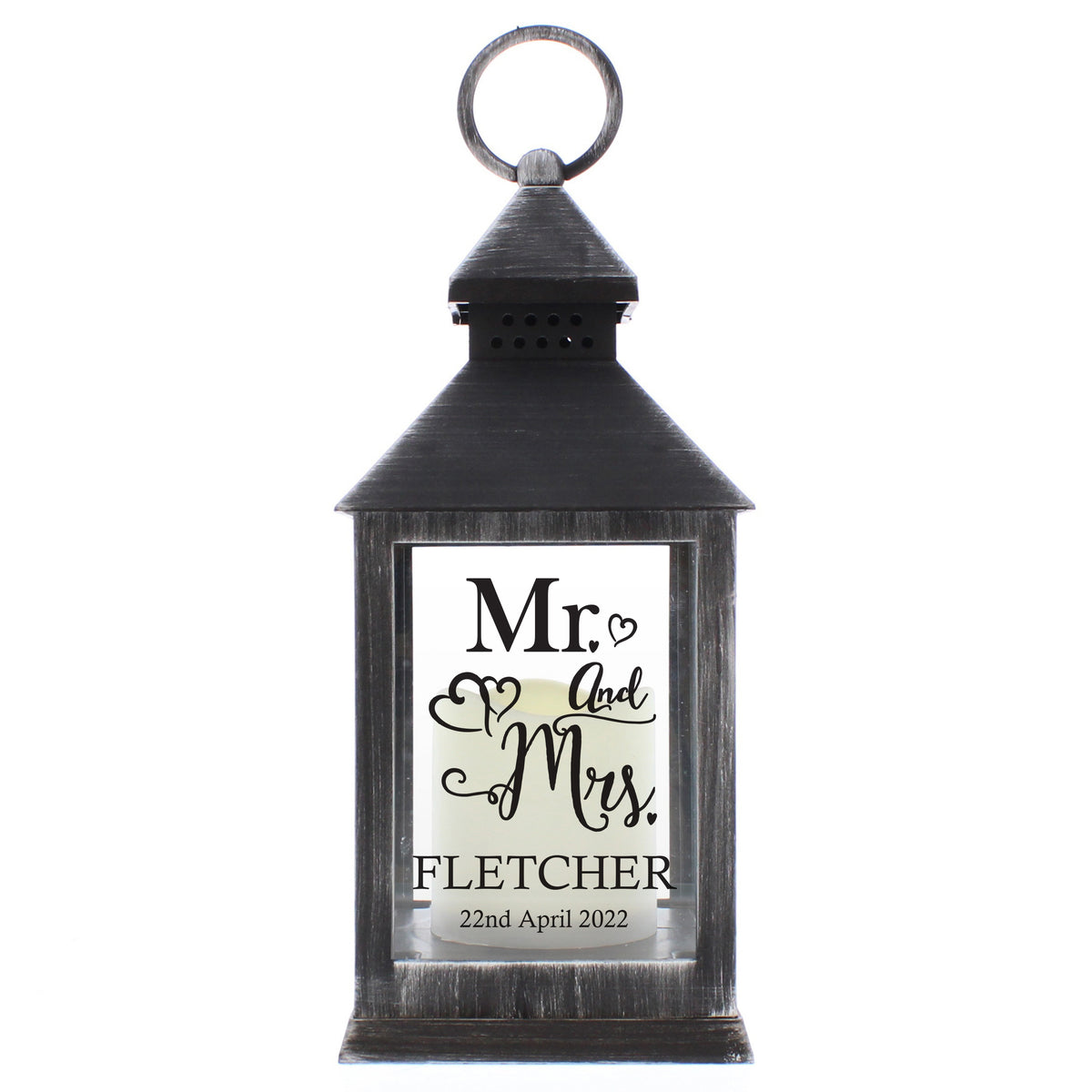 Personalised Mr & Mrs Rustic Black LED Lantern with personalised text, view 3
