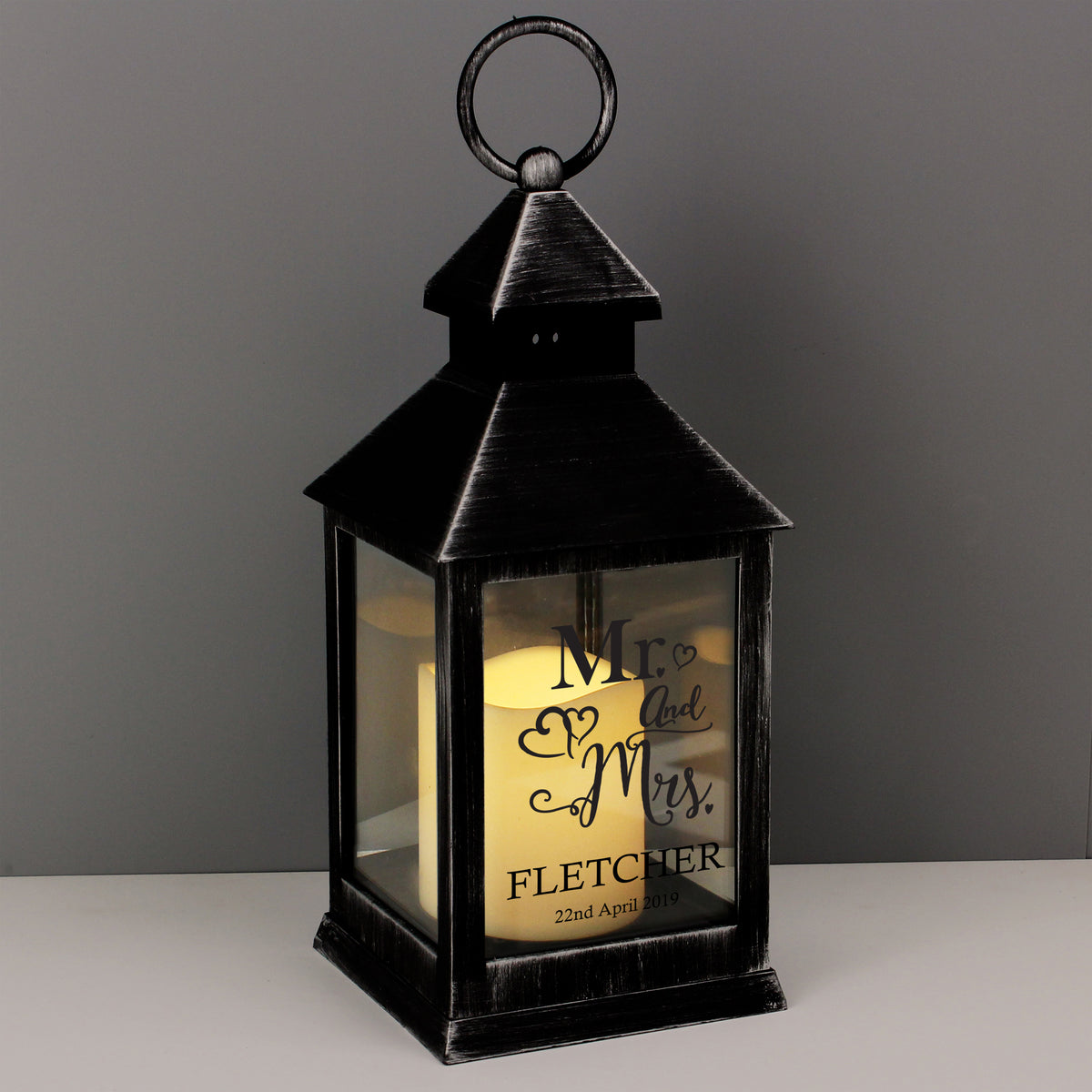 Personalised Mr & Mrs Rustic Black LED Lantern with personalised text, view 4