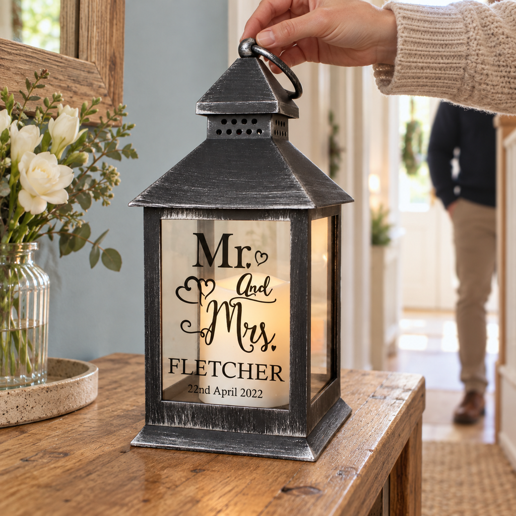 Personalised Mr & Mrs Rustic Black LED Lantern glowing on a hallway table