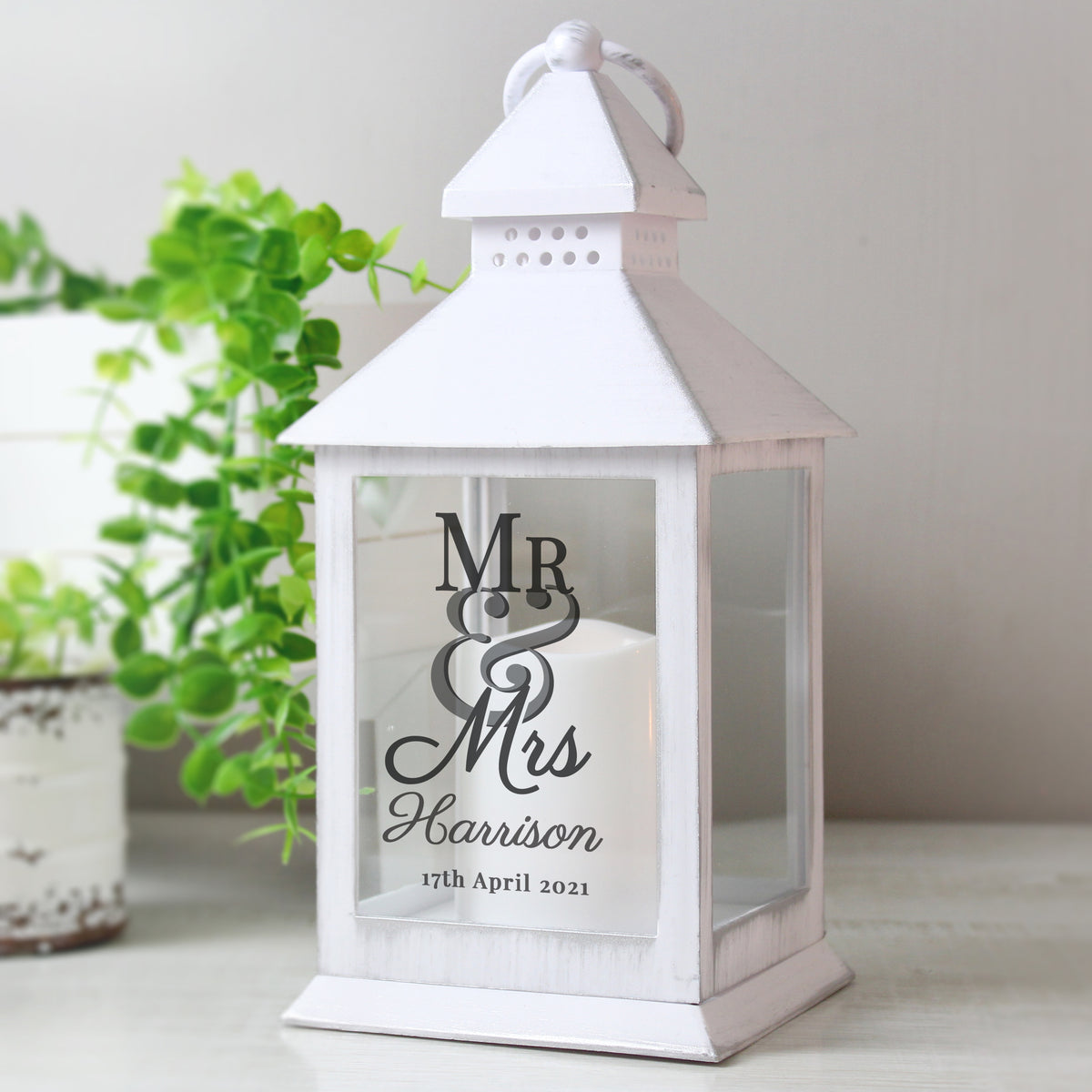 Personalised Mr & Mrs White LED Lantern with personalised text, view 5