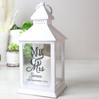 Personalised Mr & Mrs white LED lantern with a name and wedding date
