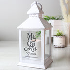 Personalised Mr & Mrs White LED Lantern with personalised text, view 2