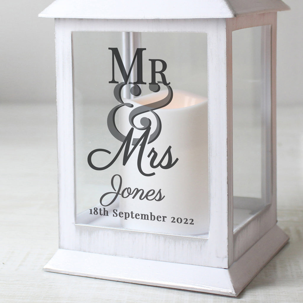Personalised Mr & Mrs White LED Lantern with personalised text, view 3