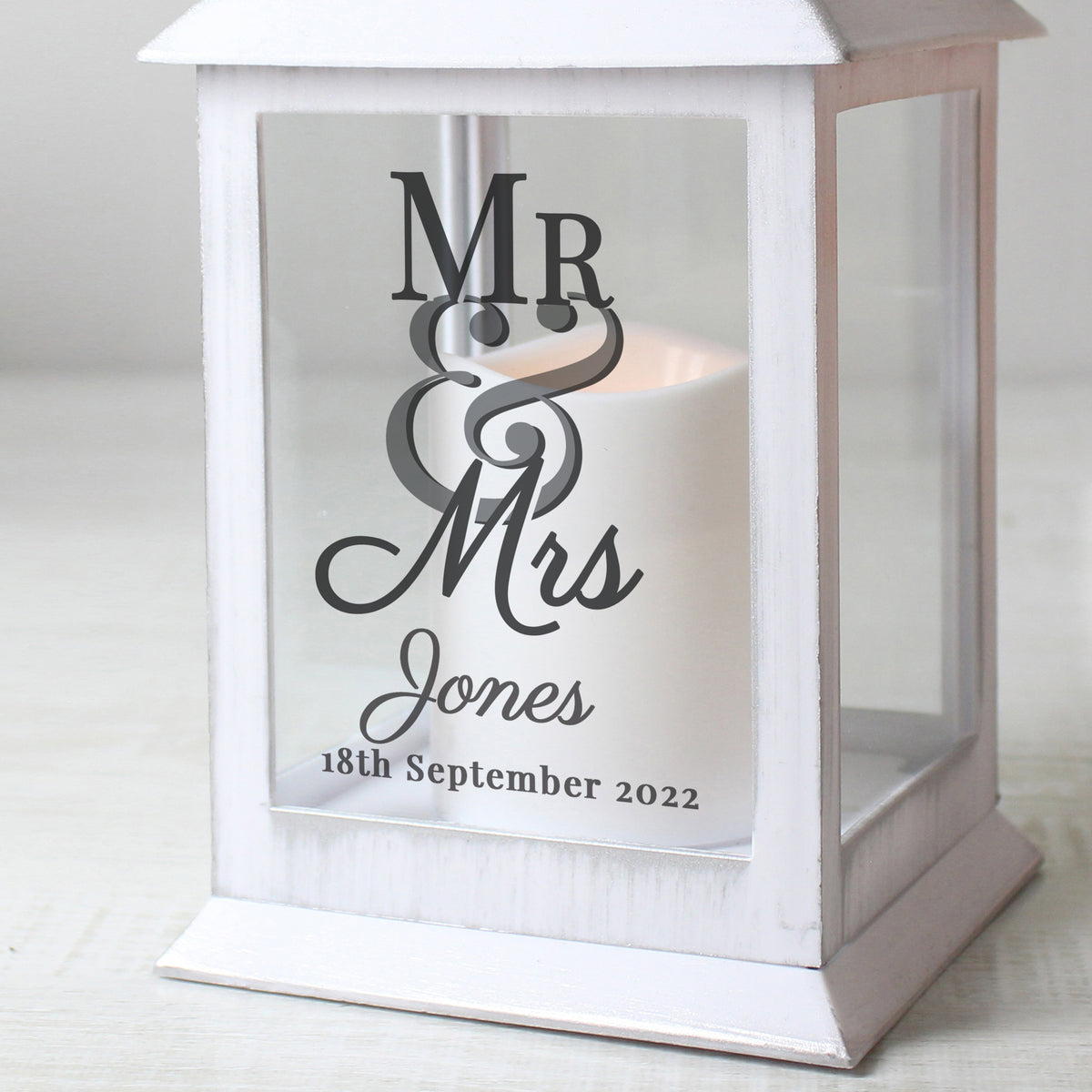 Personalised Mr & Mrs White LED Lantern with personalised text, view 3