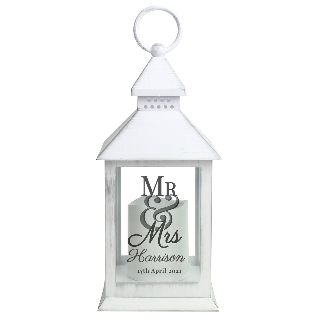 Personalised Mr & Mrs White LED Lantern with personalised text, view 4