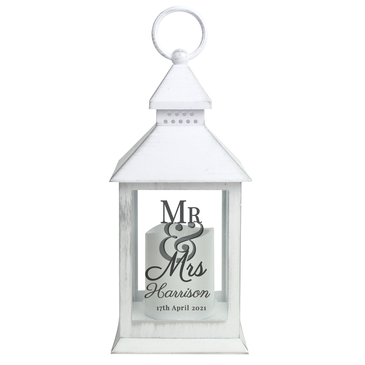 Personalised Mr & Mrs White LED Lantern with personalised text, view 4
