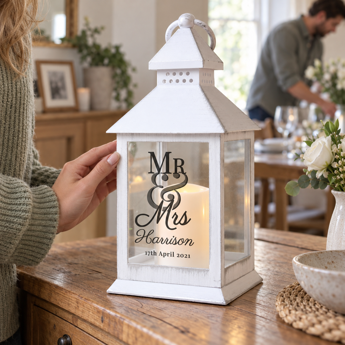 Personalised Mr & Mrs White LED Lantern on a dining sideboard