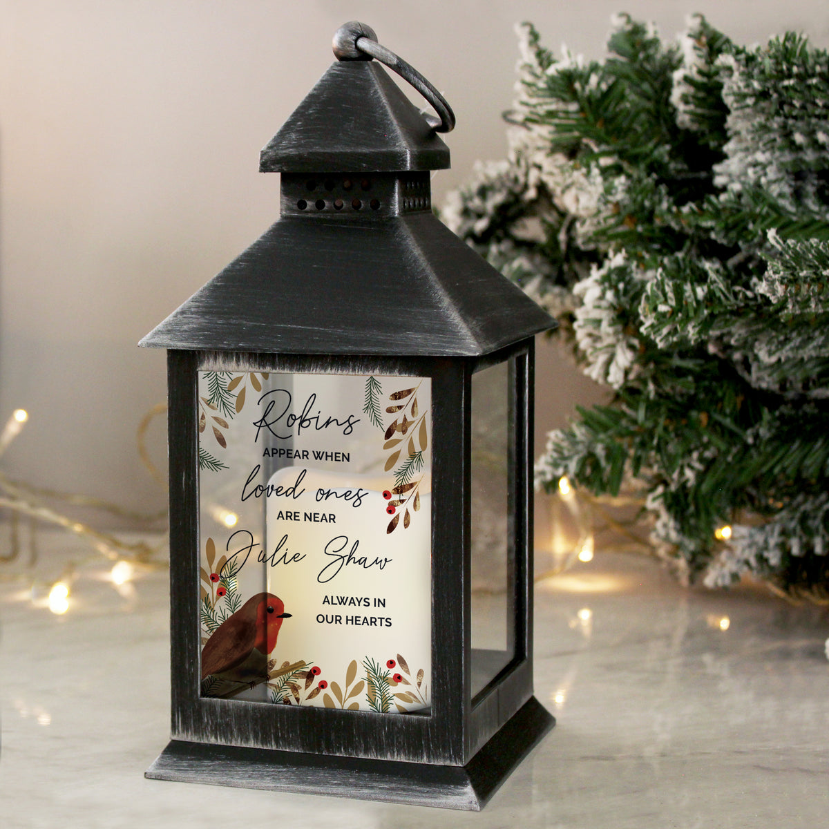 Personalised Robins Appear Memorial Black Lantern with personalised text, view 3