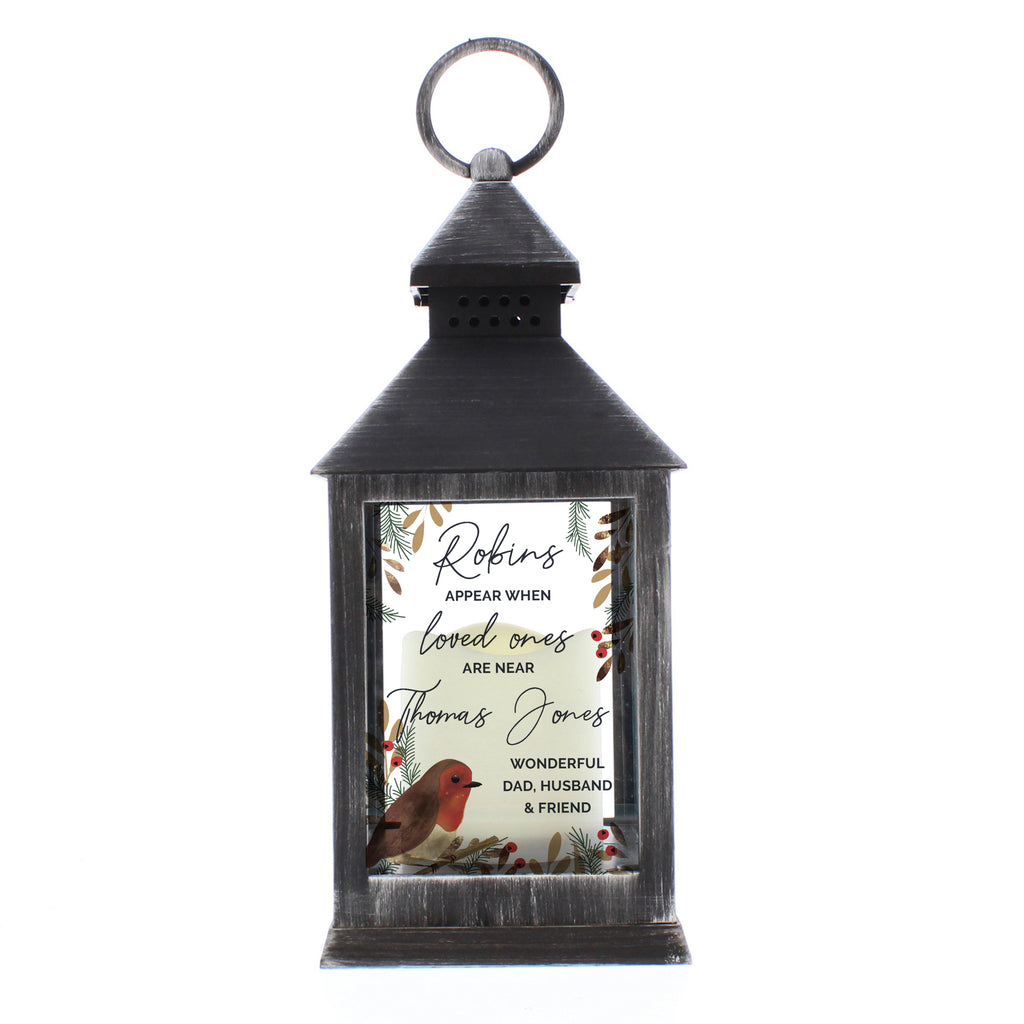 Personalised Robins Appear Memorial Black Lantern with personalised text, view 2