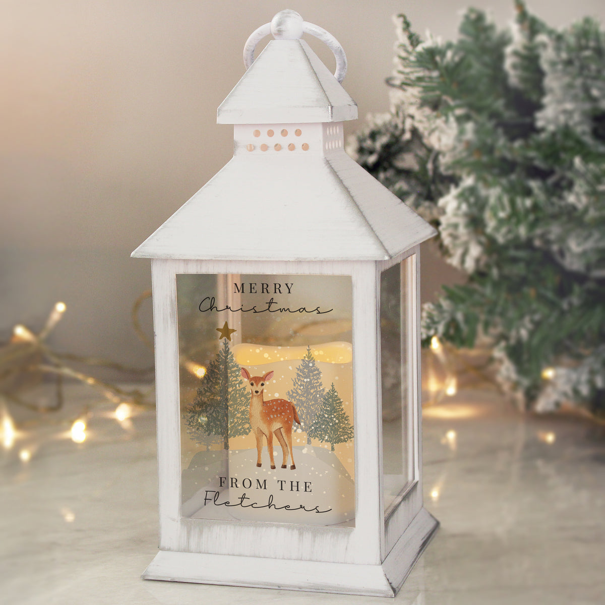 Personalised Christmas Deer White LED Lantern with personalised text, view 5