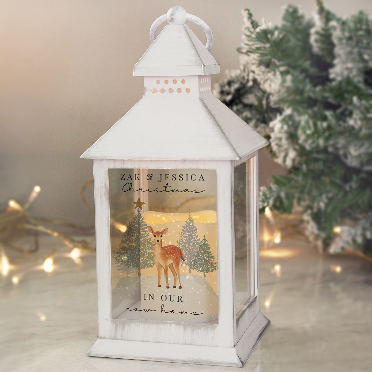 Personalised Christmas Deer White LED Lantern with personalised text, view 2