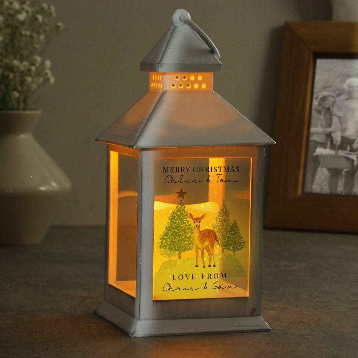 Personalised Christmas Deer White LED Lantern with personalised text, view 3