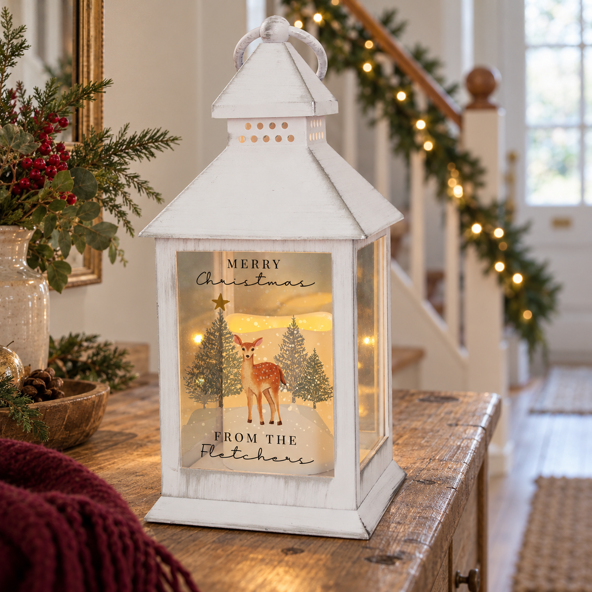 Personalised Christmas Deer White LED Lantern