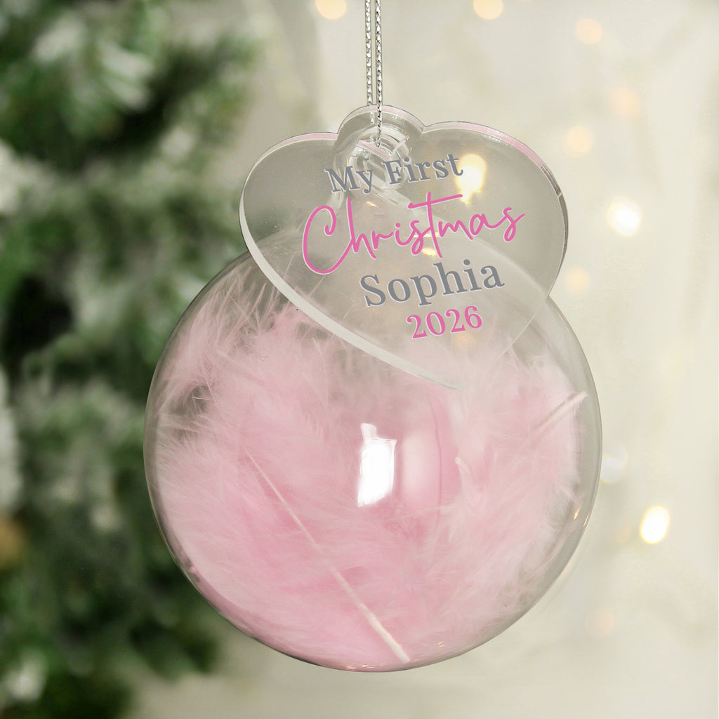 Personalised My First Christmas Pink Feather Bauble with personalised text, view 4