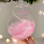 Personalised My First Christmas Pink Feather Bauble with personalised text, view 2