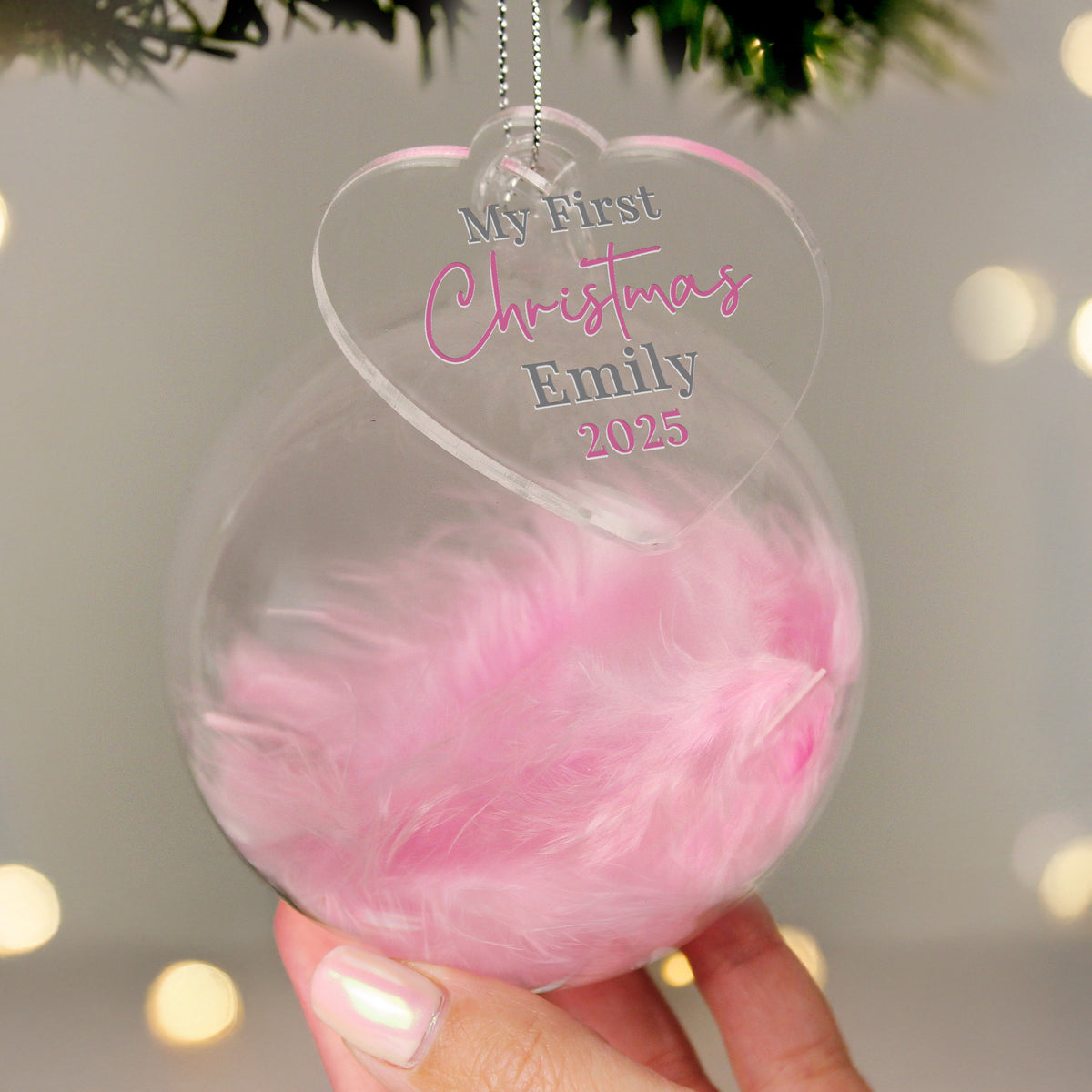 Personalised My First Christmas Pink Feather Bauble with personalised text, view 2
