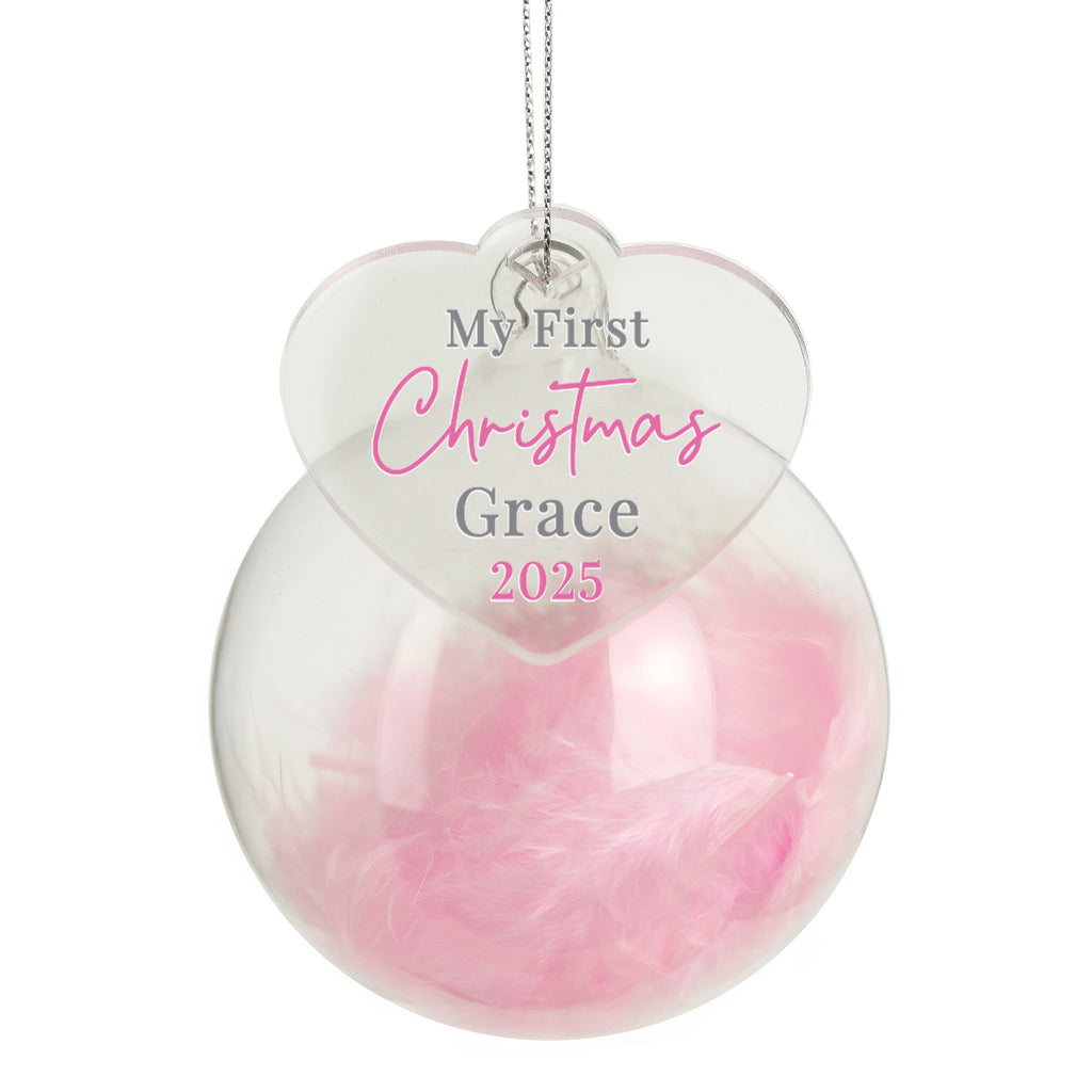 Personalised My First Christmas Pink Feather Bauble with personalised text, view 3