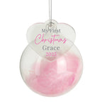 Personalised My First Christmas Pink Feather Bauble with personalised text, view 3